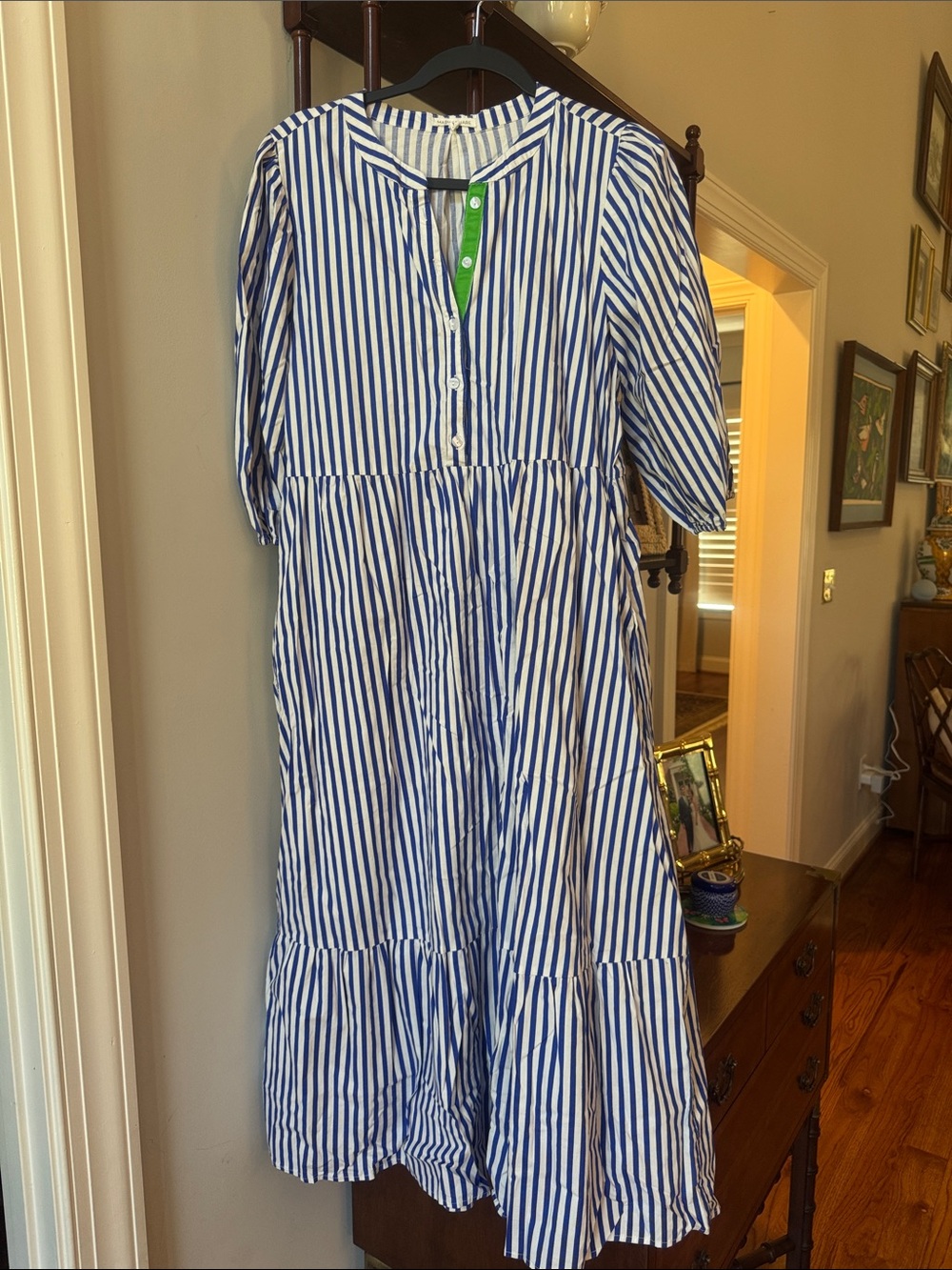 Mary Square Blue and White Striped Tiered Dress